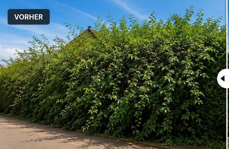 Überwucherte Hecke vor dem Schnitt im Bayerischen Untermain